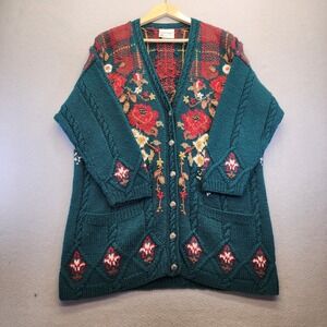 Laura Ashley Vintage Wool Cardigan Floral Embroidered Teal Green Knit Sweater L